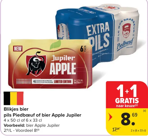 Promotie: Blikjes bier pils Piedbœuf of bier Apple Jupi