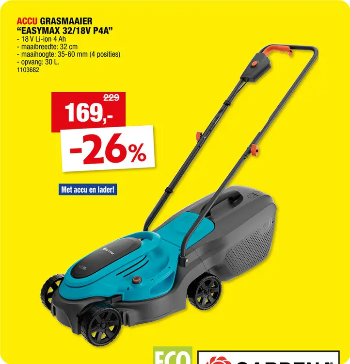 Promotie: Gardena EasyMax 32/18V P4A accu grasmaaier 18V Li-Ion 32cm