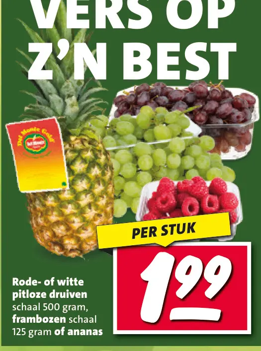 Aanbieding: Rode- of witte pitloze druiven, frambozen of 