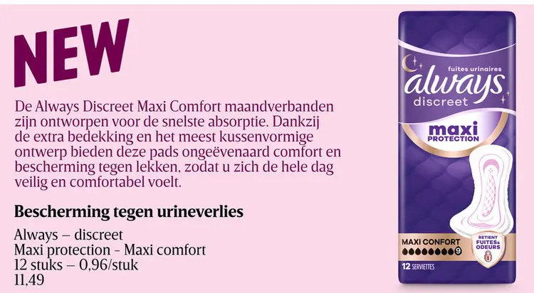 Promotie: Always Discreet Maxi Comfort maandverbanden