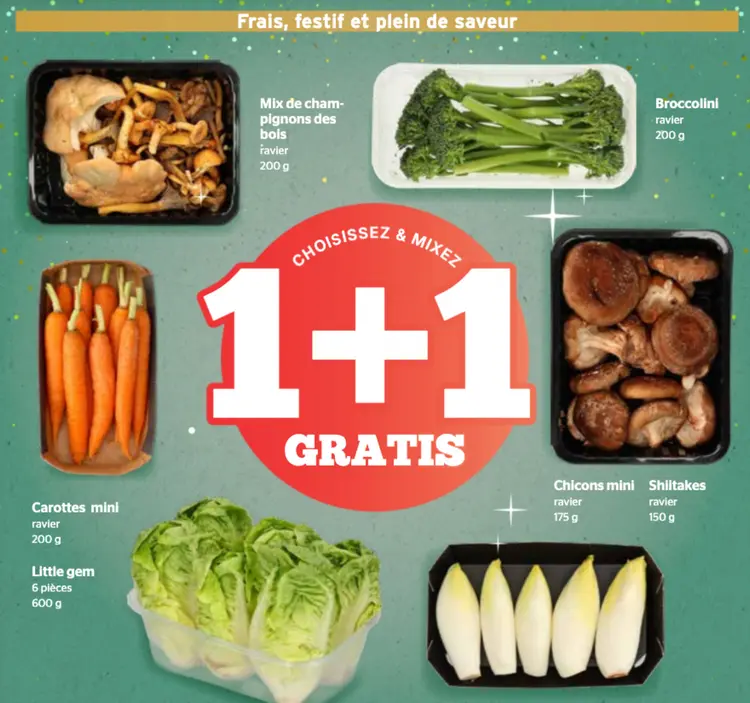 Offre: Broccolini, mix de champignons des bois, Carottes mini, chicons mini, Shiitakes, Little gem, 