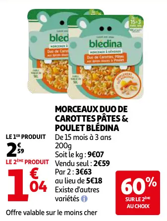 Promotie: Morceaux duo de carottes pâtes & poulet