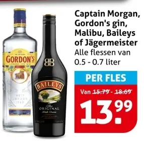 Aanbieding: Captain Morgan, Gordon's gin, Malibu, Baileys of Jägermeister