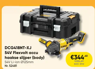 Promotie: DCG418NT-XJ 54V Flexvolt accu haakse slijper 