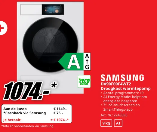 Promotie: Samsung DV90F09F4WT2 Droogkast warmtepomp