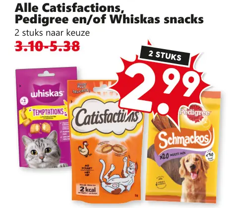 Aanbieding: Catisfactions, Pedigree en/of Whiskas snacks