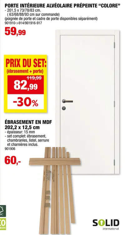 Offre: Solid Portixx Colore P000 porte intérieure alvéolaire à  peindre 201,5x68 cm prépeint