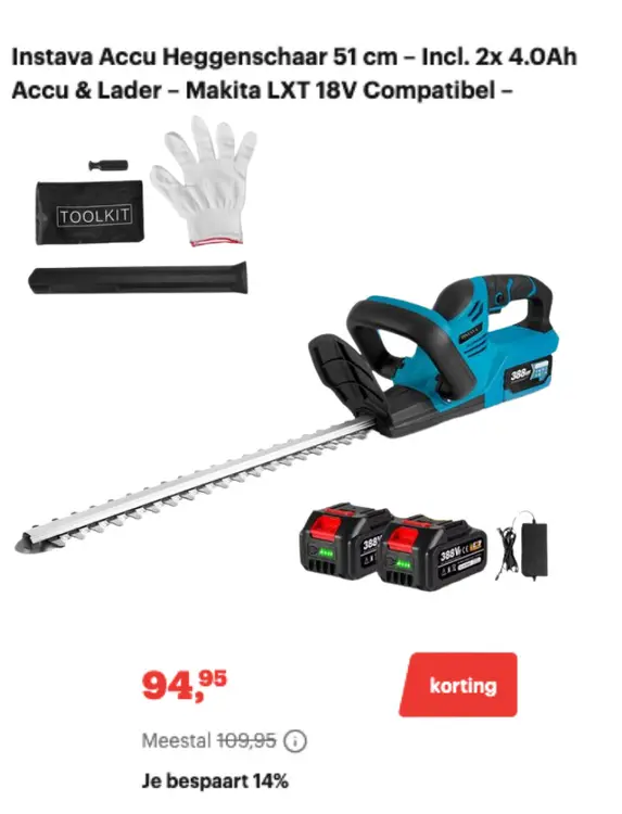 Aanbieding: Instava heggenschaar - incl. Accu & Lader - Makita LXT 18V Compatibel