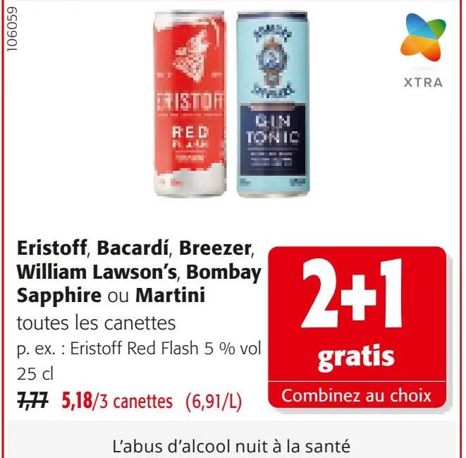Offre: Eristoff, Bacardí, Breezer, William Lawson's, Bombay Sapphire ou Martini