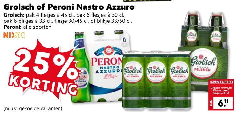 Aanbieding: Grolsch of Peroni Nastro Azzuro