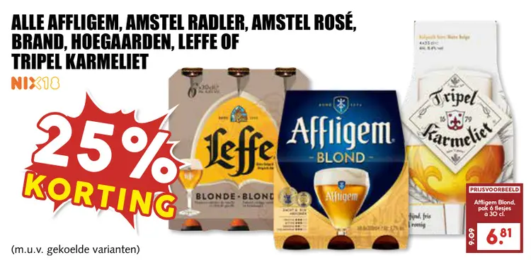 Aanbieding: Alle Affligem, Amstel Radler, Amstel Rosé, Brand, Hoegaarden, Leffe of Tripel Karmeliet