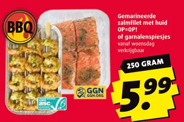 Aanbieding: Gemarineerde zalmfilet met huid of garnalenspiesjes