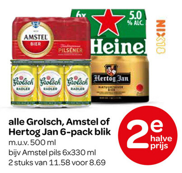 Aanbieding: Grolsch, Amstel of Hertog Jan 6-pack blik