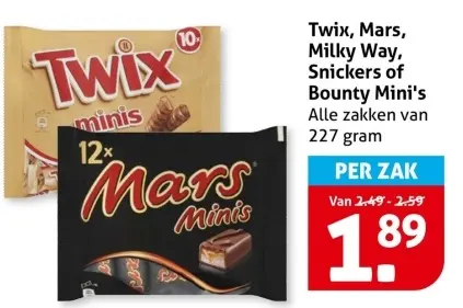 Aanbieding: Twix, Mars, Milky Way, Snickers of Bounty Mini's