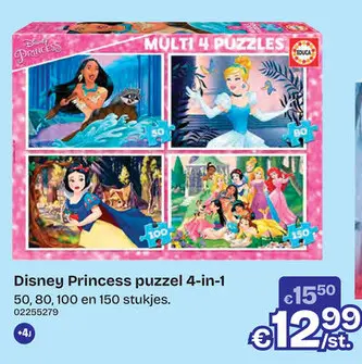 Aanbieding: Disney Princess 4-in-1 puzzel 50-80-100-150 stukjes