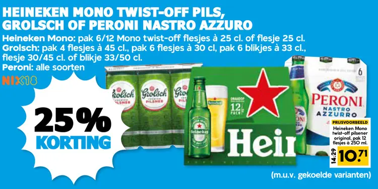 Aanbieding: Heineken mono twist-off pils, Grolsch of Peroni Nastro Azzuro