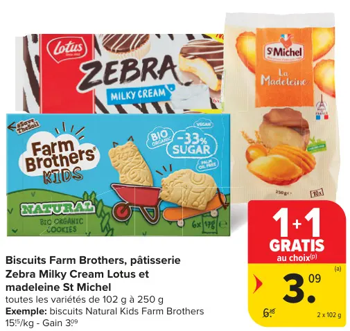 Offre: Biscuits Farm Brothers, pâtisserie Zebra Milky Cream et madeleine