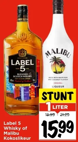 Aanbieding: Label 5 Whisky of Malibu Kokoslikeur