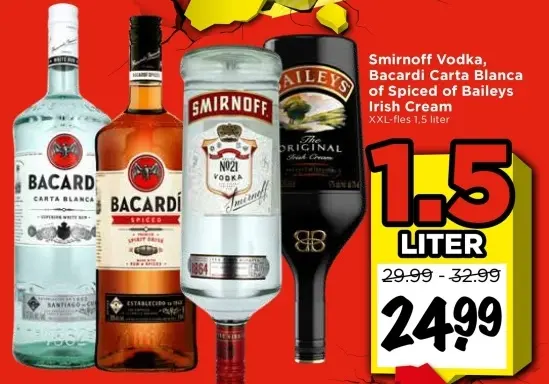 Aanbieding: Smirnoff Vodka, Bacardi Carta Blanca of Spiced of Baileys Irish Cream