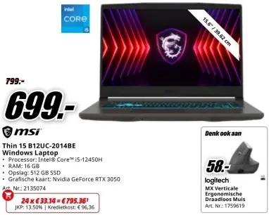 Aanbieding: Thin 15 B12UC-2014BE Windows Laptop