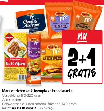 Aanbieding: Mora of Hebro saté, loempia en broodsnacks