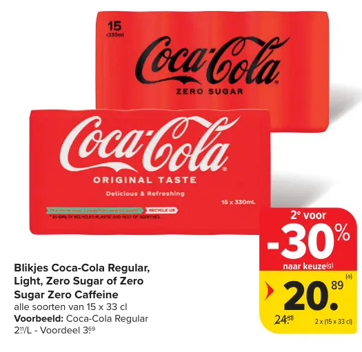 Aanbieding: Blikjes Coca-Cola Regular, Light, Zero Sugar 