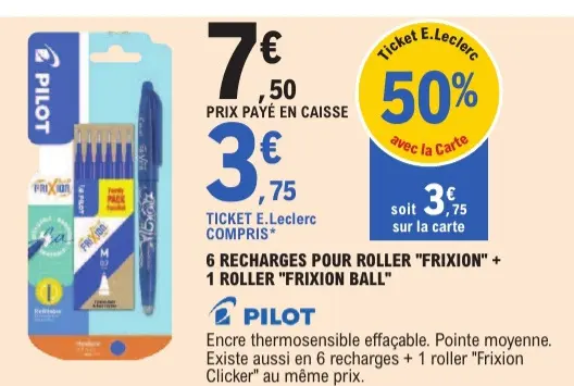 Offre: 6 recharges pour roller "FRIXION" + 1 roller 