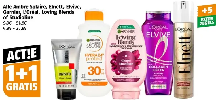 Aanbieding: Ambre Solaire, Elnett, Elvive, Garnier, L'Oréal, Loving Blends of Studioline