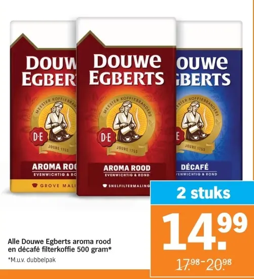 Aanbieding: Douwe Egberts aroma rood en décafé filterkoffie