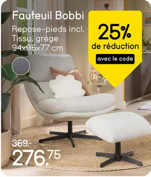 Offre: Fauteuil Bobbi, repose-pieds inclus - grège