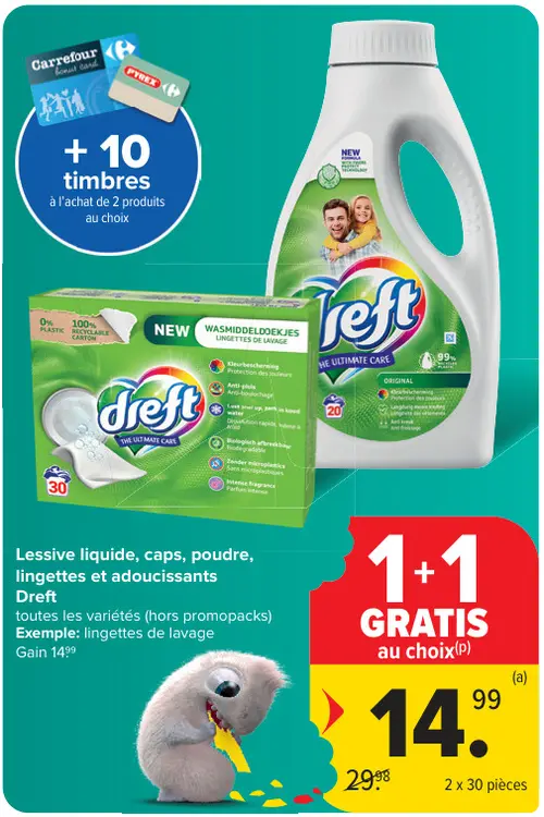 Offre: Lessive liquide, caps, poudre, lingettes et adoucissants