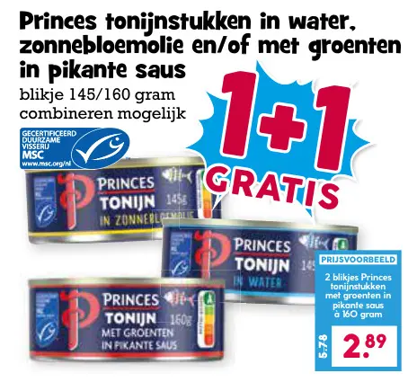 Aanbieding: Princes tonijnstukken in water, zonnebloemolie en/of met groenten in pikante saus