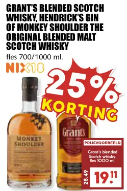 Aanbieding: Grant's blended scotch whisky, Hendrick's gin of Monkey Shoulder the Original blended malt scotch whisky