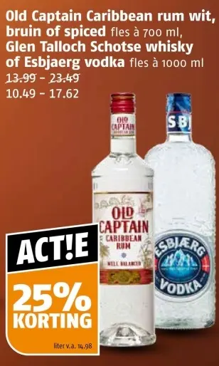Aanbieding: Old Captain Caribbean Rum Wit, bruin of spiced, Glen Talloch Schotse whisky of Esbjaerg vodka