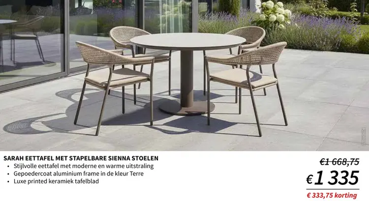 Promotie: Sarah eettafel met stapelbare sienna stoelen