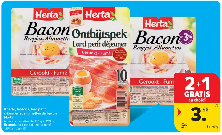 Offre: Knacki, lardons, lard petit déjeuner et allumettes de bacon
