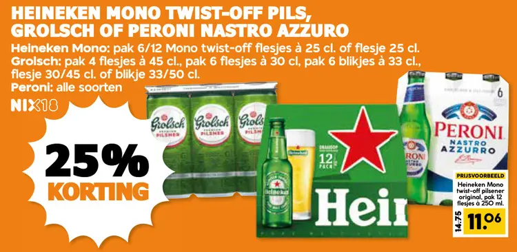 Aanbieding: Mono twist-off pils, Grolsch of Peroni Nastro Azzuro