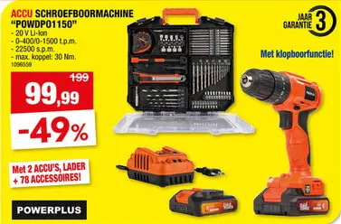Promotie: Powerplus Dual Power POWDPO1150 accu schroef- en klopboormachine 20V Li-Ion met 2 accu’s + lader + 78 accessoires
