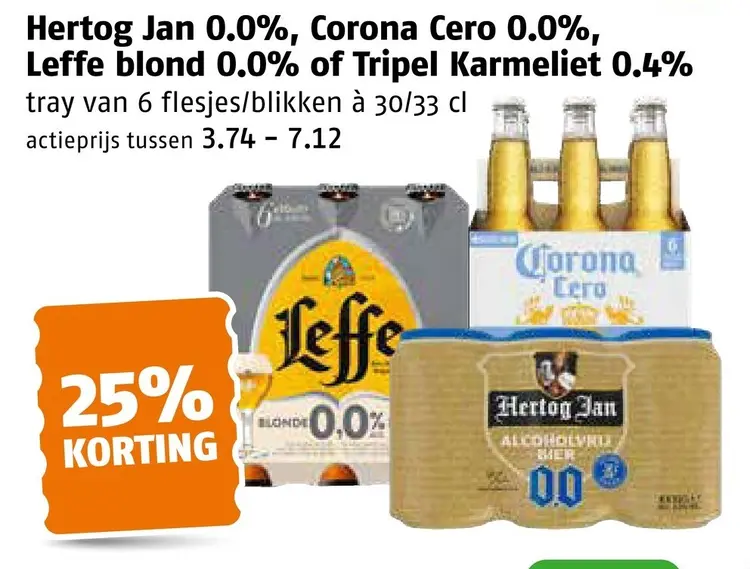 Aanbieding: Hertog Jan 0.0%, Corona Cero 0.0%, Leffe blond 0,0% of Tripel Karmeliet 0,4%
