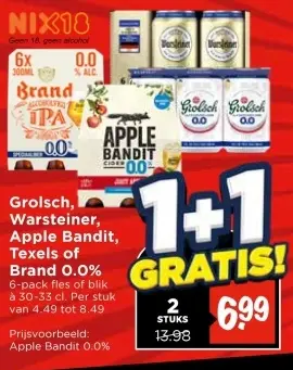 Aanbieding: Grolsch, Warsteiner, Apple Bandit, Texels of Brand 0.0%