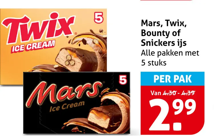 Aanbieding: Mars, Twix, Bounty of Snickers ijs