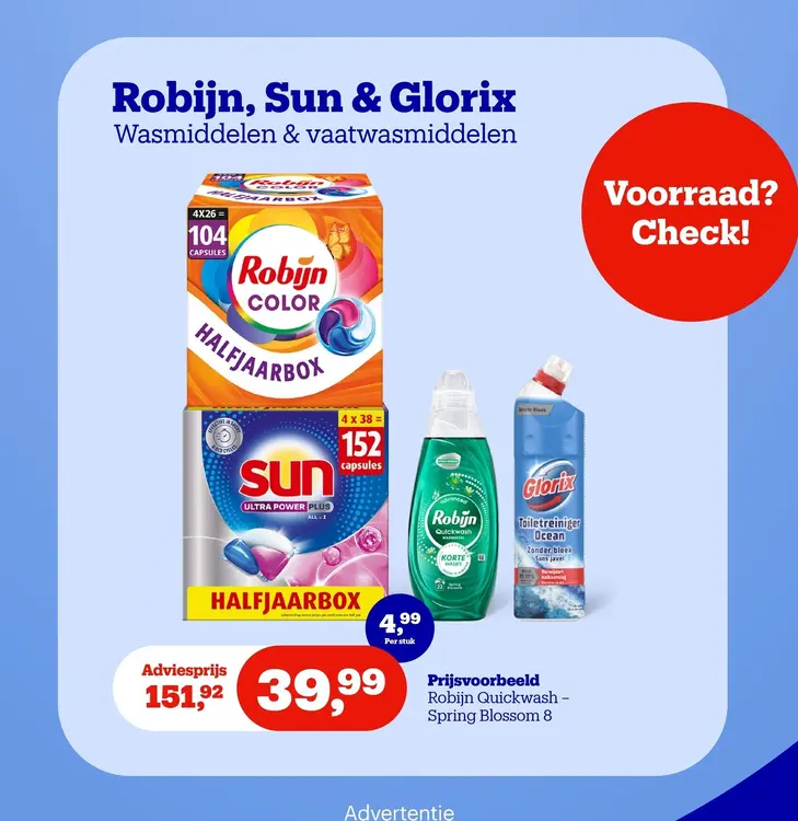 Promotie: Robijn, Sun & Glorix wasmiddelen & Vaatwasmiddelen
