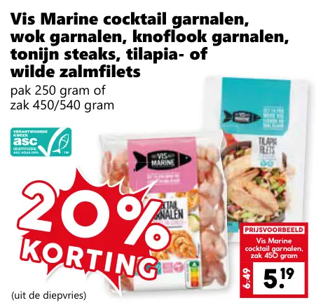 Aanbieding: Cocktail garnalen, wok garnalen, knoflook garnalen, tonijn steaks, tilapia- of wilde zalmfilets