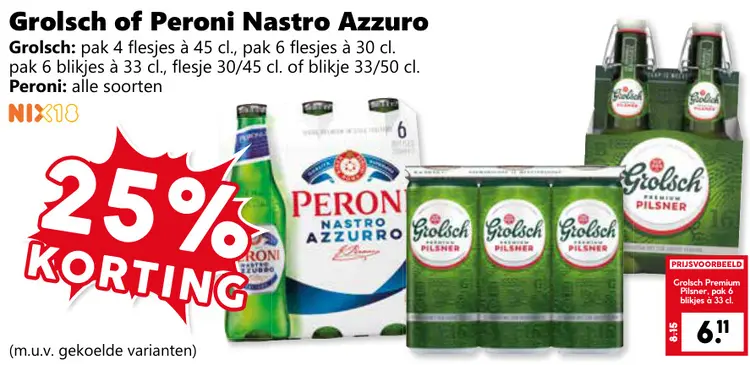 Aanbieding: Grolsch of Peroni Nastro Azzuro