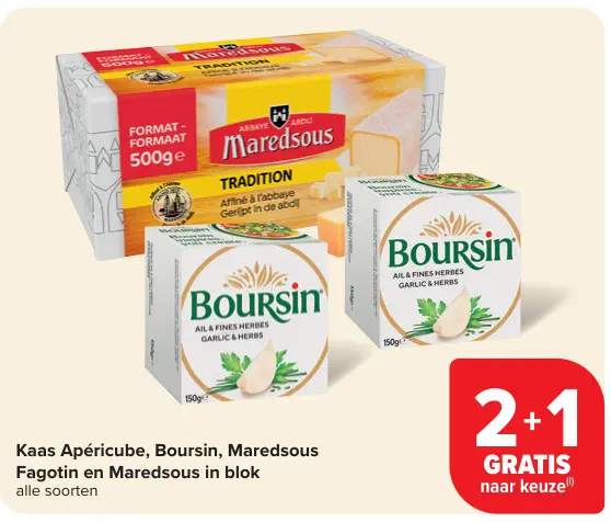 Promotie: Kaas Apéricube, Boursin, Maredsous Fagotin en Maresous in blok