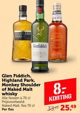 Aanbieding: Glen Fiddich, Highland Park, Monkey Shoulder of Naked Malt