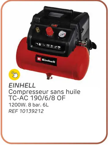 Offre: Compresseur einhell tc-ac 190/6/8 of - sans huile - 6l - 8 bar - 1200w