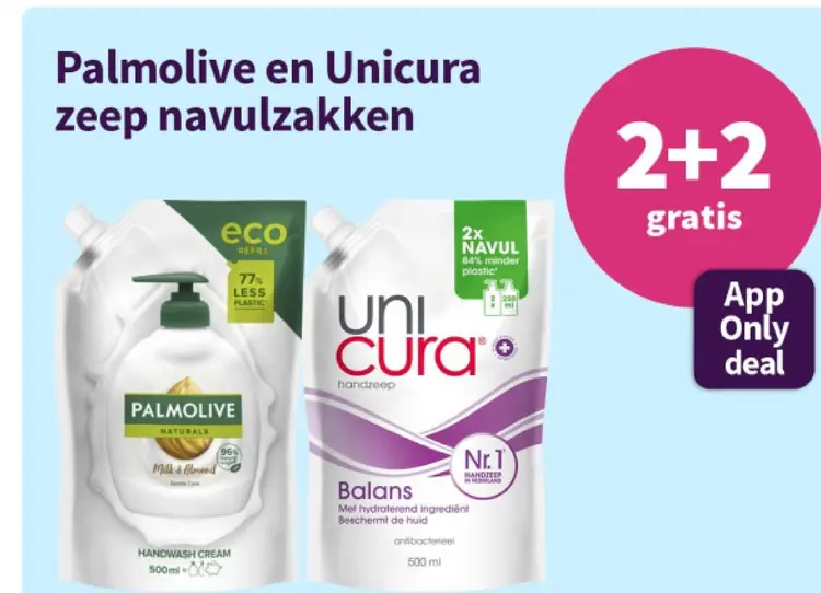 Aanbieding: Palmolive en Unicura zeep navulzakken