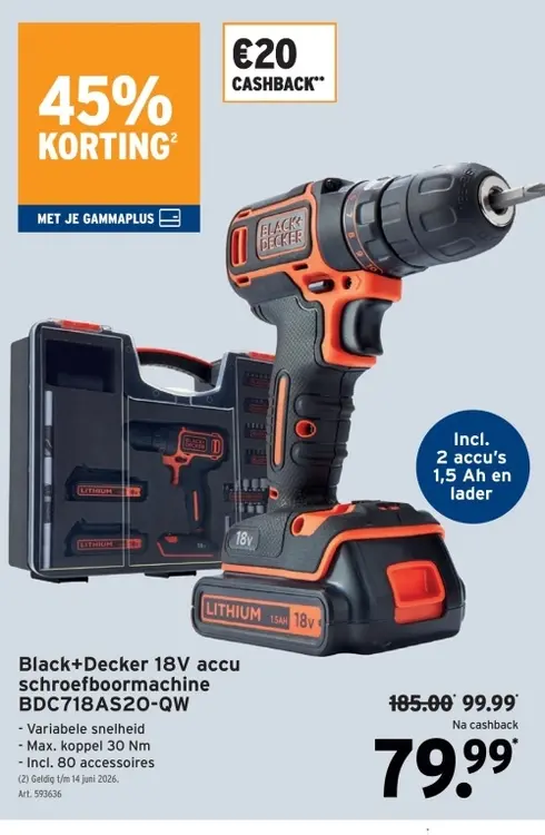Promotie: Black+Decker 18V accu schroefboormachine BDC718AS10-QW