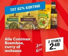 Aanbieding: Alle Conimex Boemboe, curry of woksaus